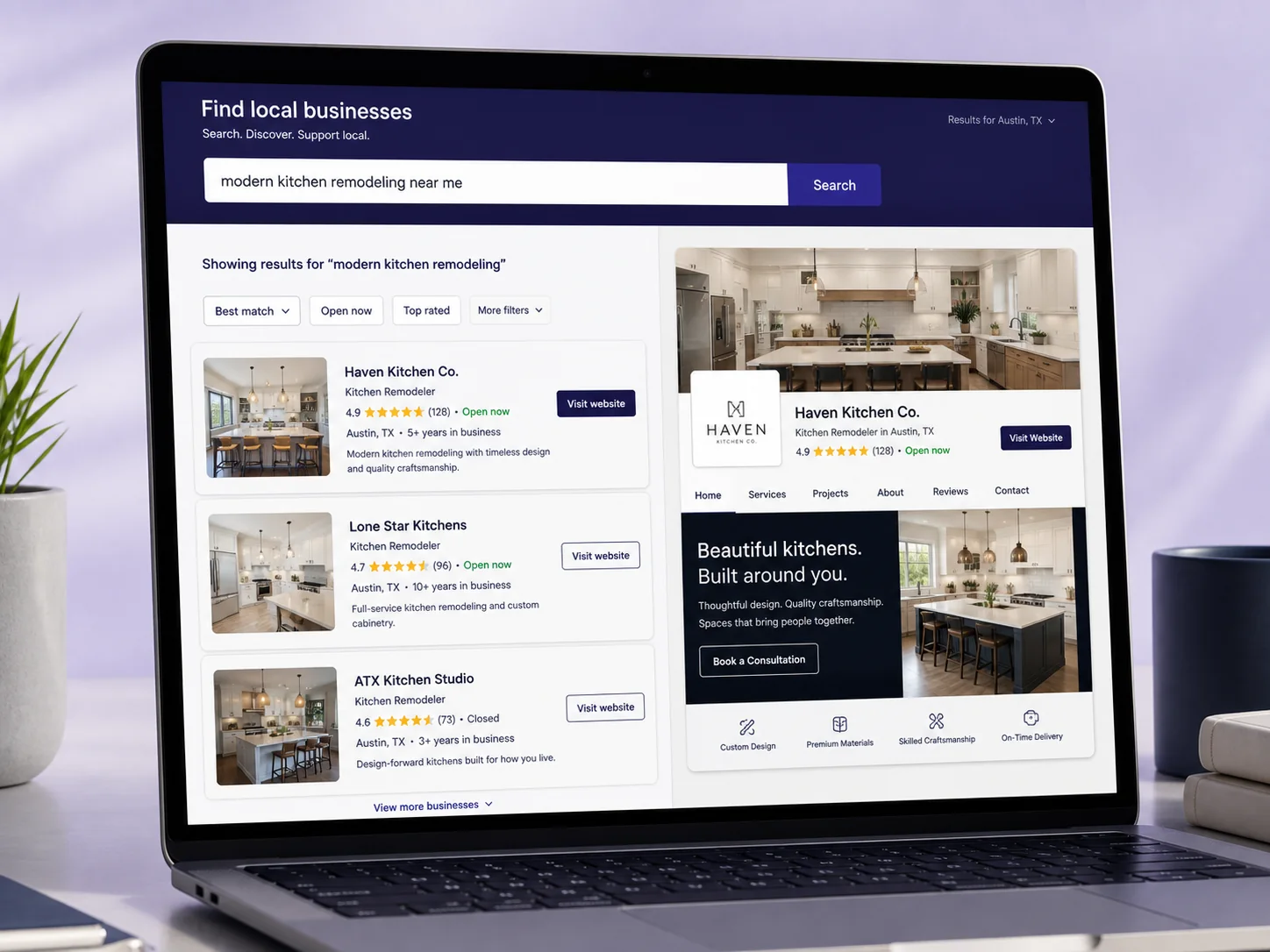 Interface de busca local apresentando empresas e seus respectivos sites