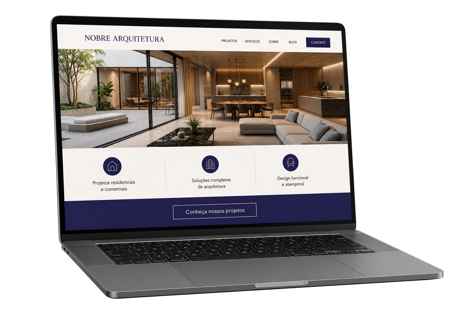 Notebook exibindo um site profissional de arquitetura em português