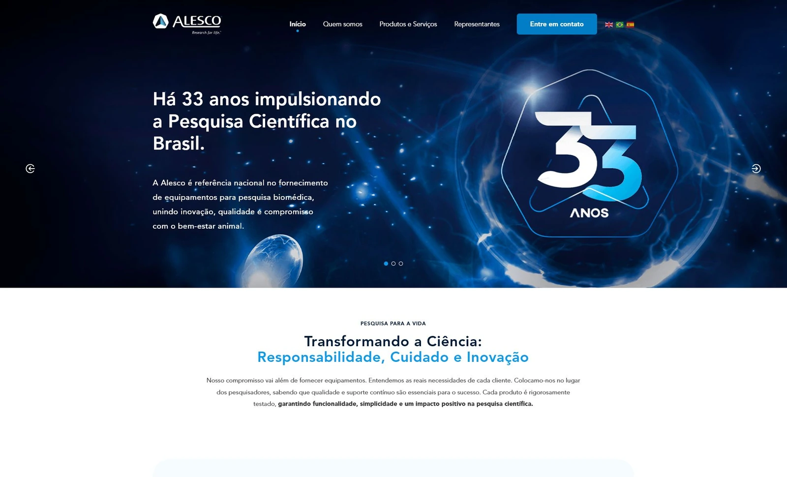 Site institucional real da Alesco para o mercado de pesquisa biomédica