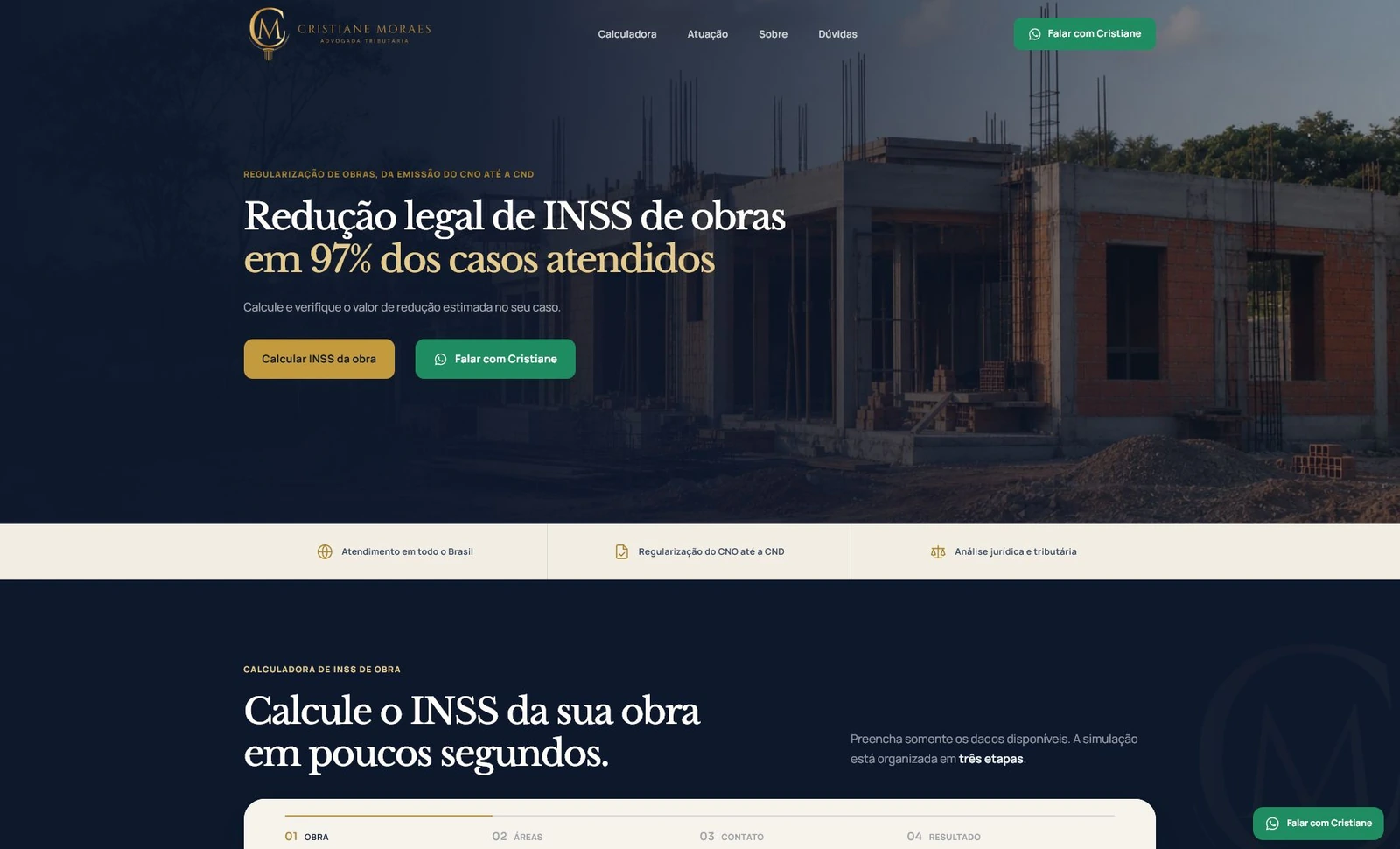 Landing page real de Cristiane Moraes para cálculo e regularização de INSS de obra