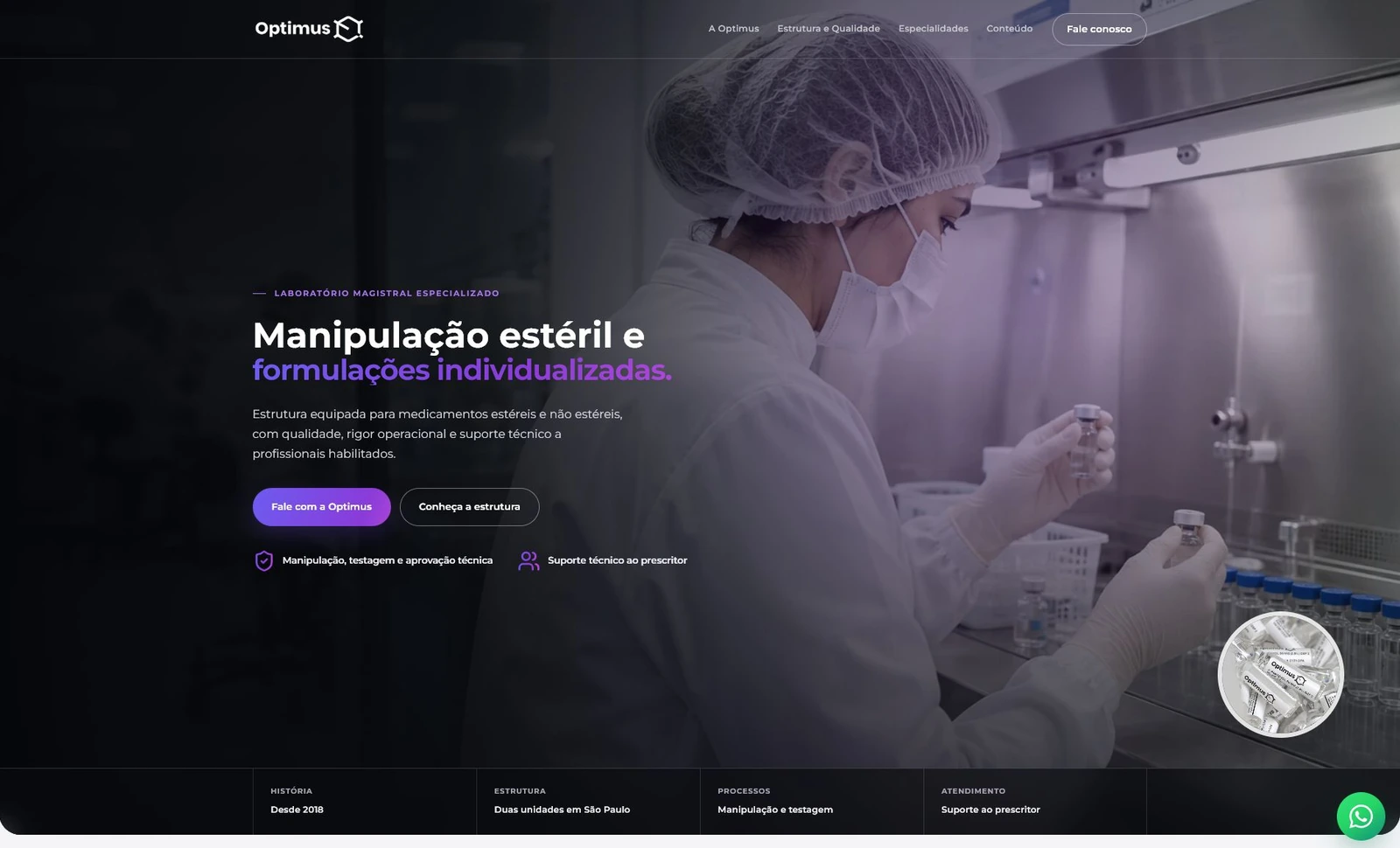 Site institucional real da Optimus Pharma, laboratório magistral